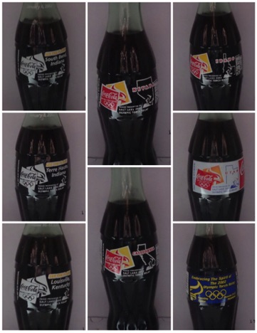 € 80,00 coca cola 6 flessen torch relay deel 2 nrs. 1858, 1859, 1864, 1809, 1802, 1803, 1801, 1925 south bend, Terre hut, Louisville, Philadelphia, Nevada, Idaho, Utah, california
